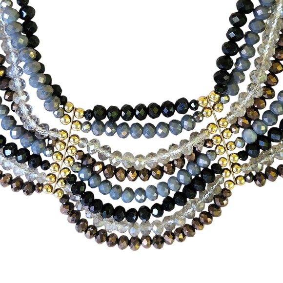 Multi-Strand Gold-Tone Beaded Statement Necklace w/Black Grey & Brown Crystals - Picture 2 of 7